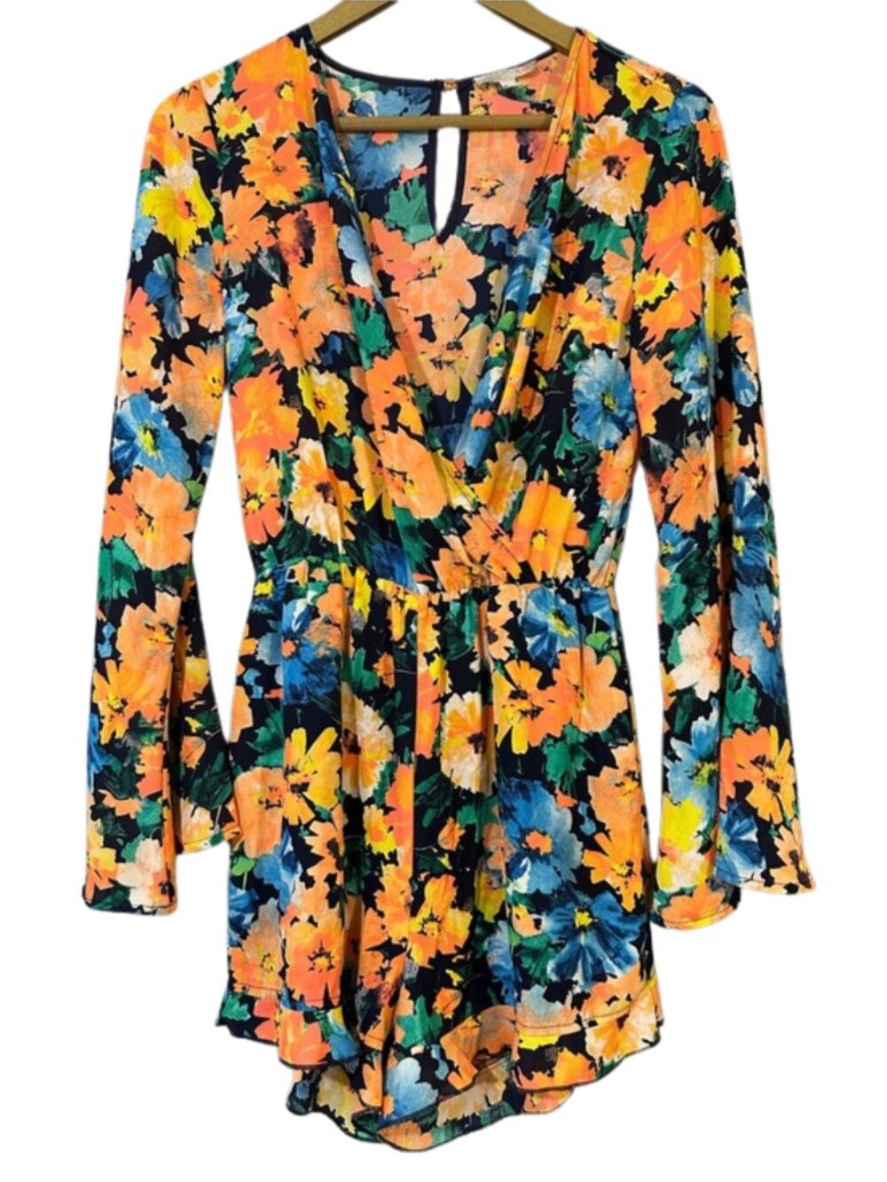 Gianni Bini Floral Long Sleeve Romper Size S Multicolor V-Neck Flowy